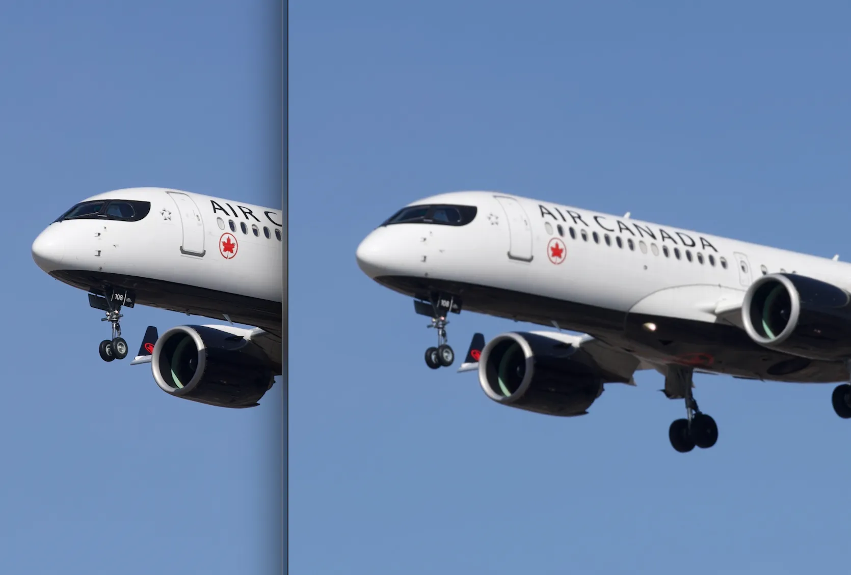 Comparison of two images of an Air Canada airplane, one of the right is blurry